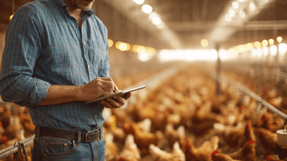 Profissional de agronegócio segurando um tablet representando inovação tecnológica na avicultura