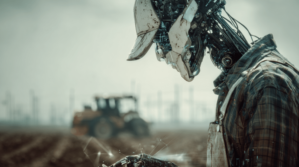 Humanoide em uma plantação representando a vulnerabilidade do agronegócio a ataques cibernéticos