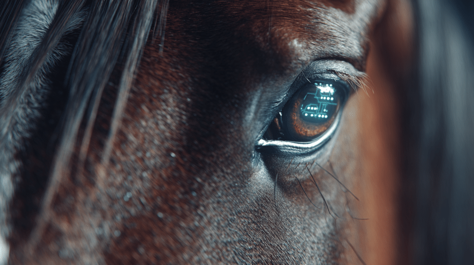 Rosto de um cavalo com um reflexo de um padrão digital representando a utilização de micro chips em cavalos