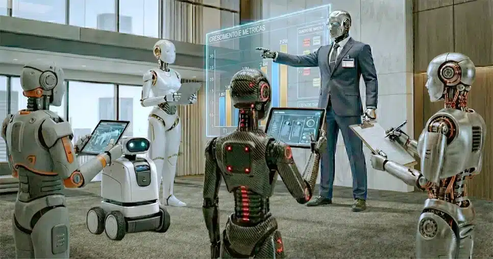 Neste ano, a IA deixou de ser “divertida” para se tornar uma ferramenta de trabalho cobrada por eficiência. robô – Imagem: Paulo Silvestre