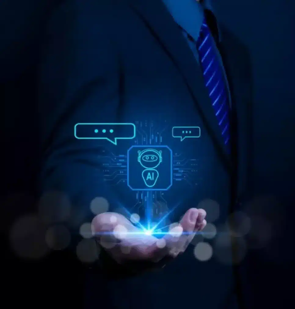 Homem de terno com tecnologia de Agente de Inteligência Artificial (IA agêntica) sobre as mãos, representando inovação digital