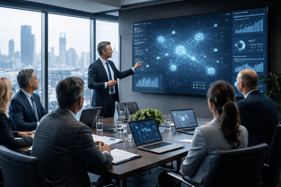 Executivos em reunião analisam conectividade como ativo estratégico em painel com mapa de rede e indicadores, destacando governança da infraestrutura digital e tomada de decisão.