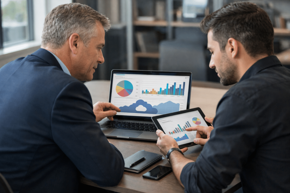 FinOps para PMEs: executivos analisam otimização de custos em nuvem em dashboards de cloud computing para melhorar eficiência operacional.