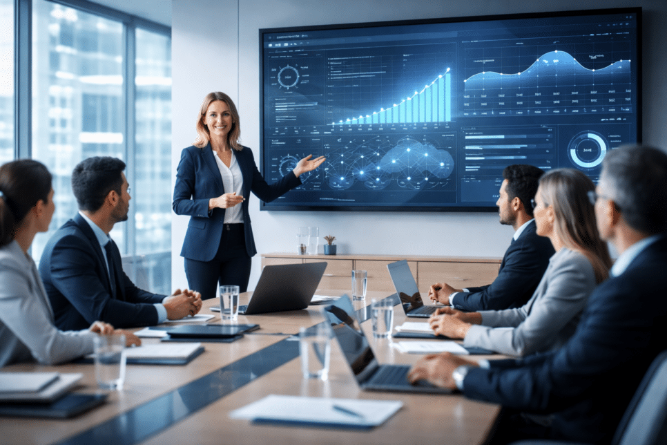 CIO estrategista apresenta indicadores e dashboards de tecnologia para o conselho, mostrando como a TI apoia decisões de negócio e cibersegurança.