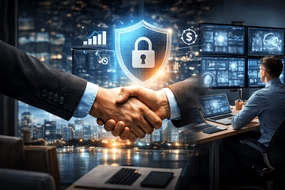 Segurança da Informação: Profissionais apertando as mãos com escudo holográfico de segurança e centro de operações cibernéticas ao fundo, representando proteção e crescimento nos negócios.