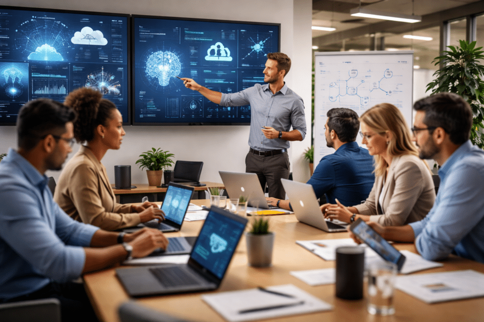 Equipe em workshop de tecnologia em escritório moderno, com telas exibindo IA, computação em nuvem e cibersegurança, refletindo novas habilidades e empregos até 2030.
