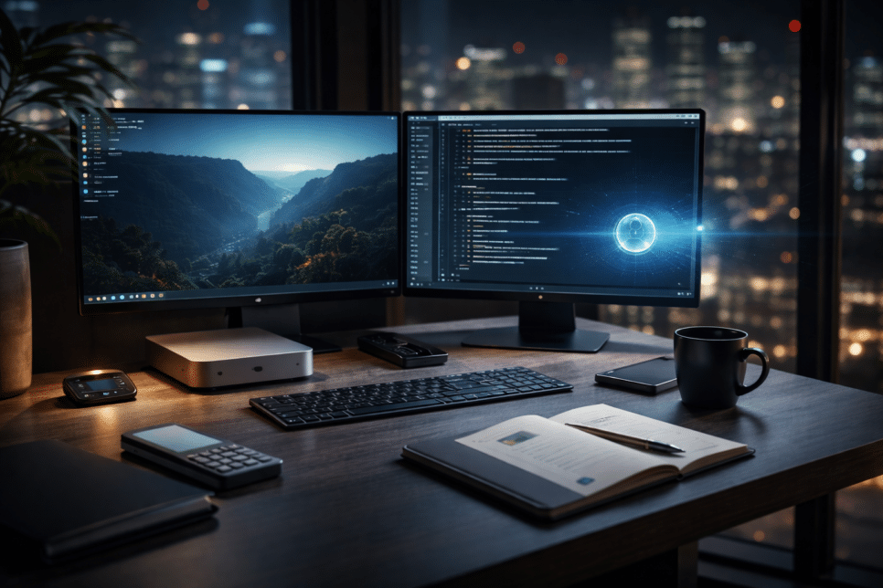 Moltbot: Escritório executivo com dois monitores e mini PC rodando automações, simbolizando agentes de IA autônomos que atuam no sistema operacional em 2026.
