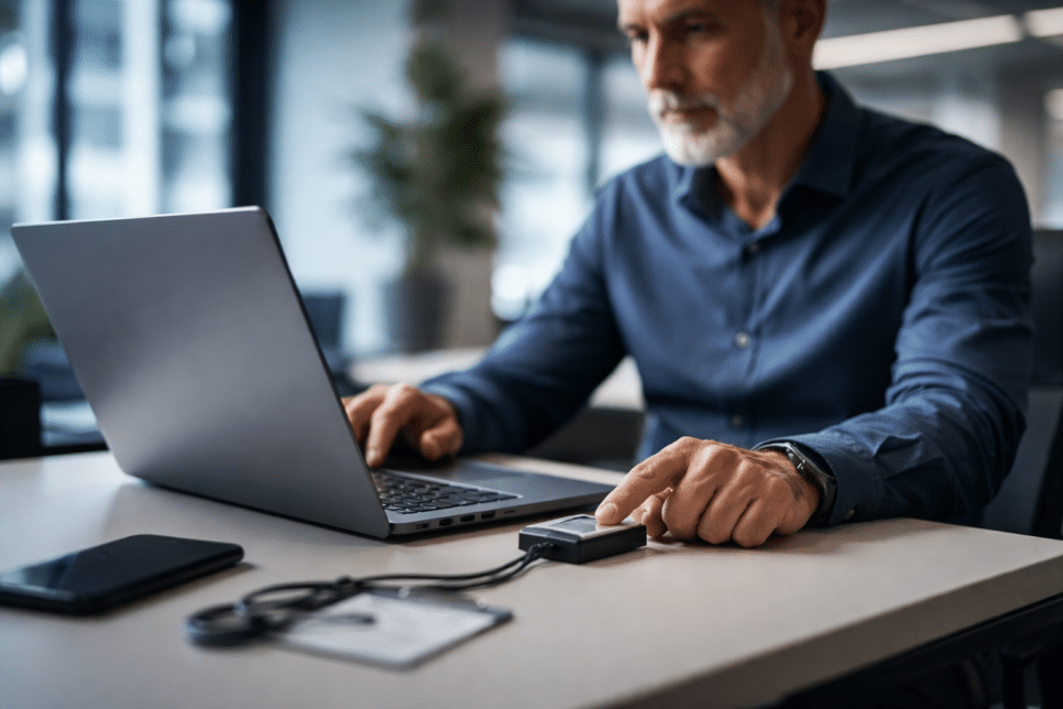 Profissional de TI usando autenticação biométrica em notebook corporativo, reforçando o modelo Assume Breach e controles de identidade na cibersegurança.