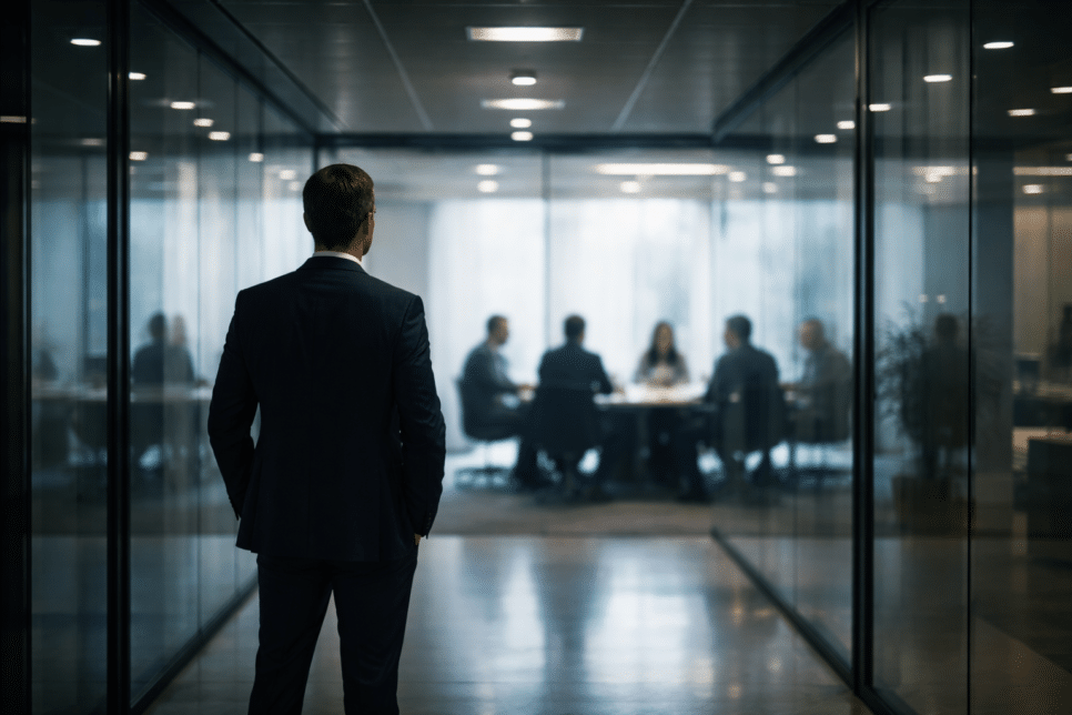 CISO isolado em corredor corporativo observando reunião ao fundo, representando o erro de agir certo no tempo errado e a resistência organizacional.