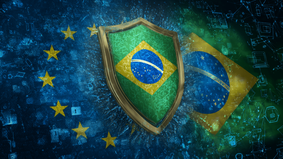 Escudo de proteção de dados com as bandeiras do Brasil e da União Europeia, cercado por símbolos de segurança digital, representando a convergência das legislações LGPD e GDPR.