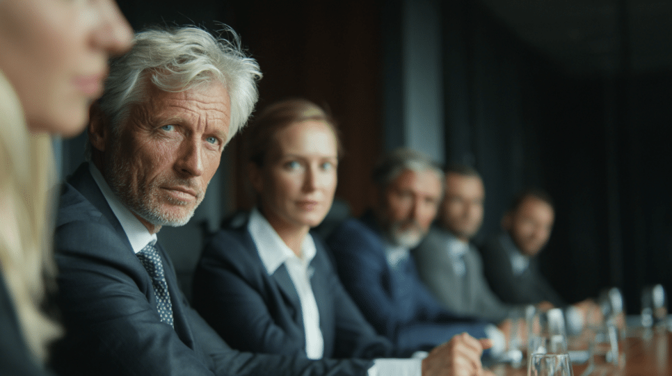 Executivos em sala de reunião com foco em um líder observando em silêncio, representando leitura de poder e influência invisível nas decisões corporativas.