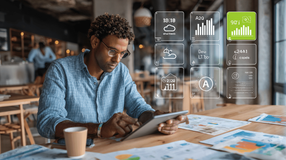 Profissional usando tablet com dashboards de IA para simular cenários de tributação de dividendos e apoiar o planejamento contábil após a Lei 15.270/2025.