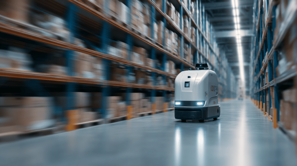 Robôs com raciocínio veloz em ambiente industrial moderno, monitorados por engenheiros, com elementos visuais abstratos de dados e automação.