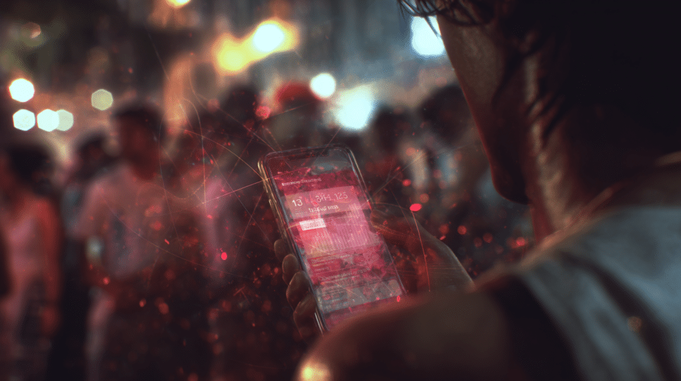 Carnaval 2026: celular em meio à multidão com alerta de fraude digital.
