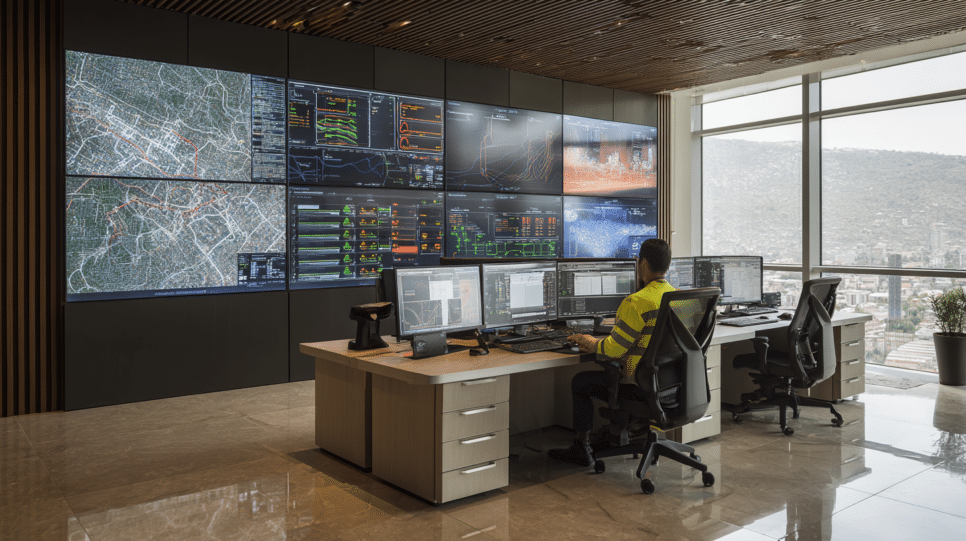 Sala de controle de infraestrutura crítica com monitoramento digital, integração entre TI e TO e painéis de cibersegurança em ambiente operacional moderno.