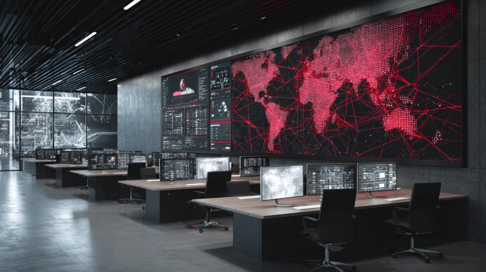 Sala de crise de cibersegurança com mapa-múndi digital e destaque sutil no Brasil, simbolizando espionagem internacional e risco a infraestrutura crítica.