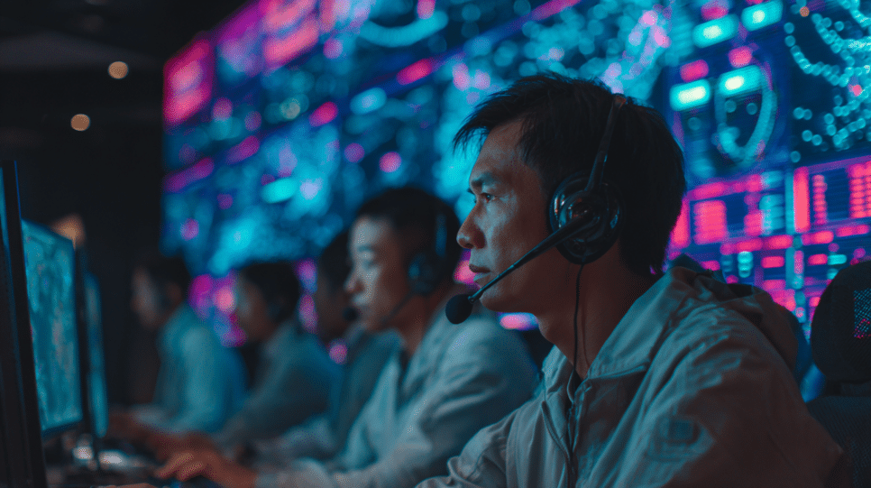 SOC de telecom em Singapura monitorando e bloqueando ataque cibernético, com analistas e painéis abstratos, clima corporativo e crítico.