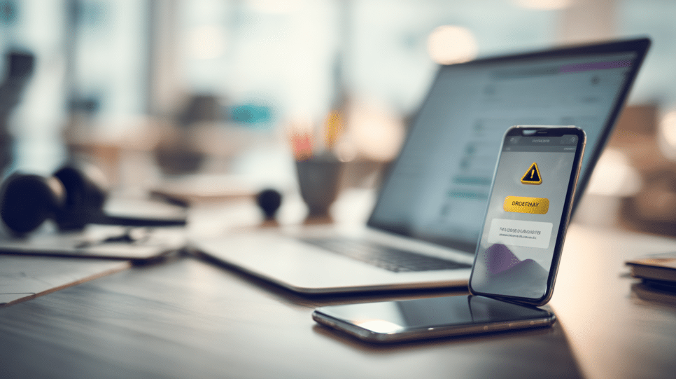 Imagem realista de um smartphone e laptop em ambiente corporativo sugerindo alerta de segurança bancária e golpe de central falsa envolvendo Nubank.