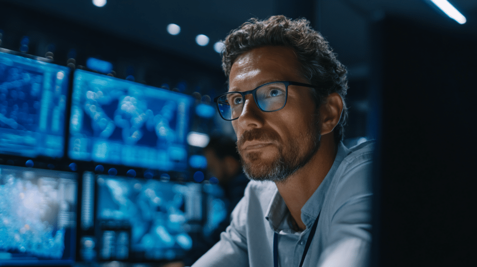 Golpes digitais em 2026: executivo de TI em sala de monitoramento analisando alertas de cibersegurança em telas, cenário corporativo realista no Brasil.