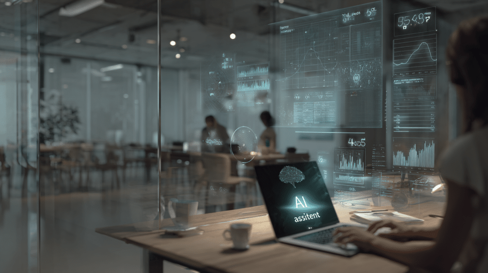 Funcionário em ambiente corporativo prestes a clicar em botão de IA enquanto camadas abstratas indicam um ataque digital invisível e camuflado.