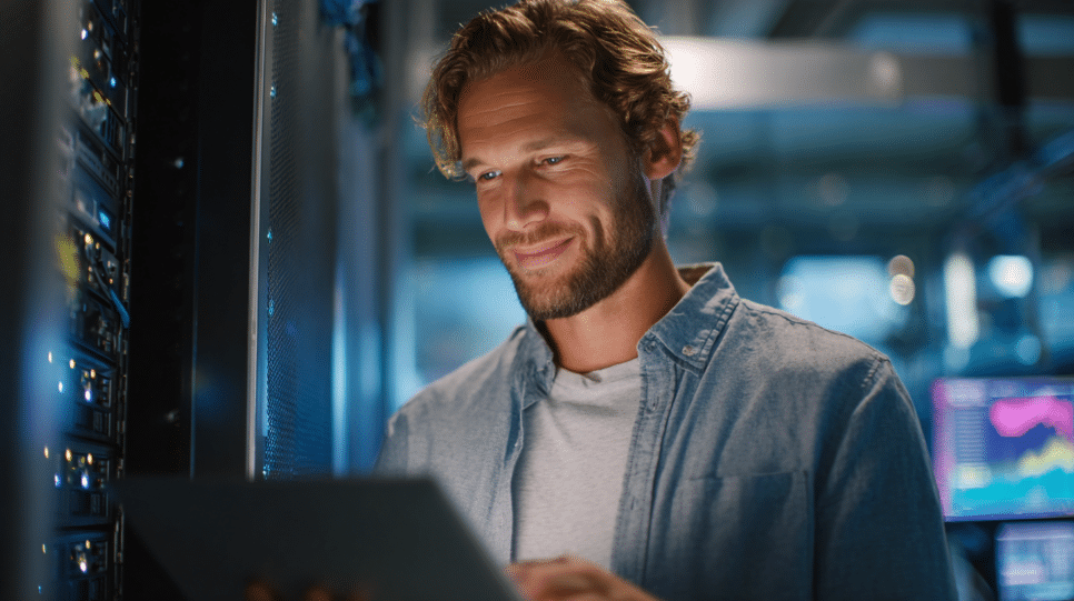 Imagem representando um profissional de TI monitorando eficiência energética de um data center