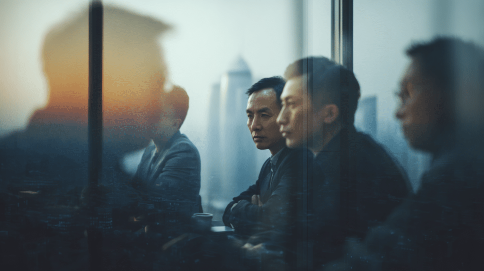 Executivos de tecnologia na China analisando estratégia de IA após o lançamento do Doubao 2.0, em ambiente corporativo moderno.