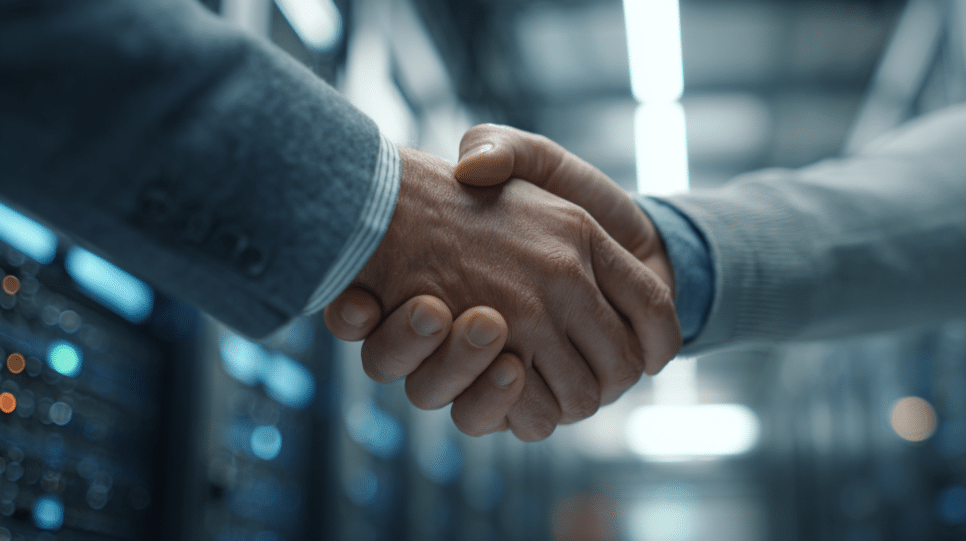 Aperto de mãos em ambiente corporativo com elementos abstratos de computação em nuvem ao fundo, simbolizando o investimento da Amazon na OpenAI e a nova parceria em IA.