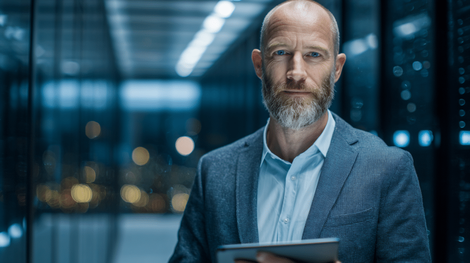 Profissional de TI europeu em corredor de datacenter, segurando um tablet com diagrama abstrato de cloud soberana, com racks ao fundo em ambiente corporativo moderno.
