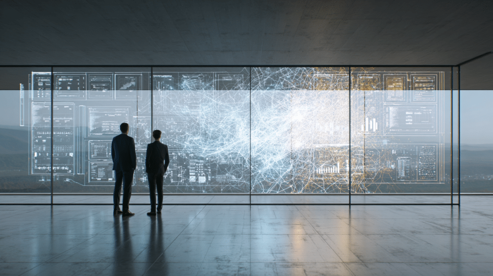 Arquitetos de TI analisam fluxo de IA agêntica com checkpoints e governança em sala de operações, destacando arquitetura de fluxo como fator crítico, imagem realista sem texto.