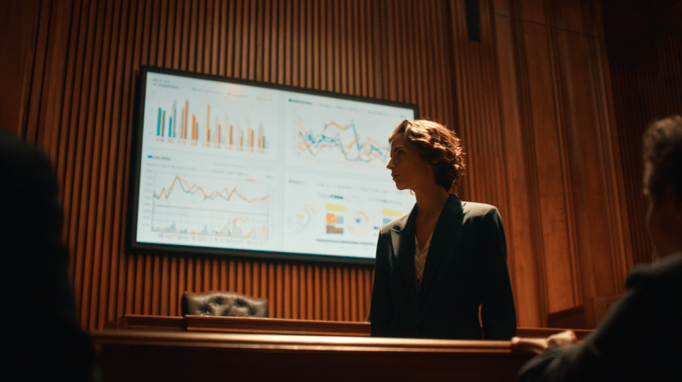 Cena realista de tribunal com executivos e advogados em audiência sobre acusações de vício digital infantil ligado a plataformas online.