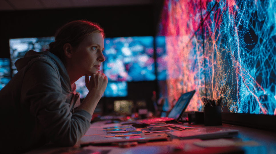 Analista de cibersegurança investiga vazamento de registros de stalkerware em laboratório forense, com gráficos abstratos em tela.