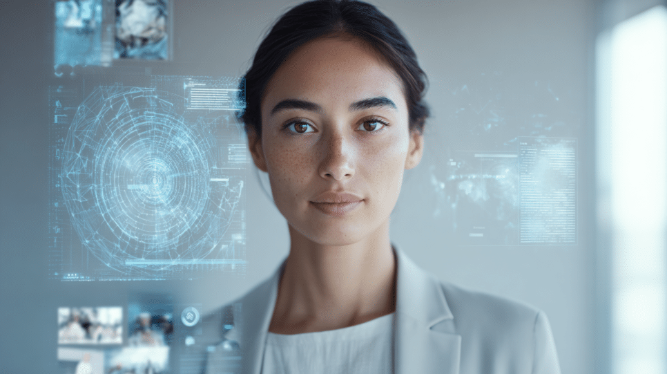 Profissional de tecnologia interagindo com interfaces digitais que representam licenciamento de conteúdo para inteligência artificial em um ecossistema inspirado na Microsoft.