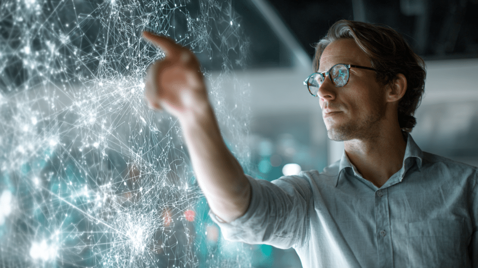 Especialistas de segurança analisam caminhos de ataque em painéis com grafos e indicadores de risco, com apoio de IA em um ambiente corporativo.