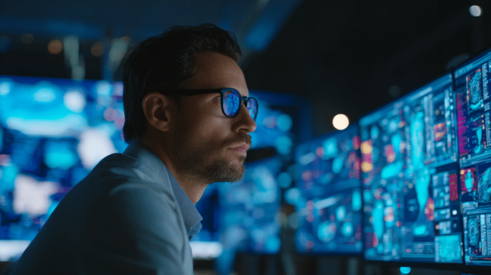 Analista de cibersegurança monitora ambiente que representa marketplace de fraudes na dark web, com painéis abstratos e sinais de automação, imagem realista sem texto.