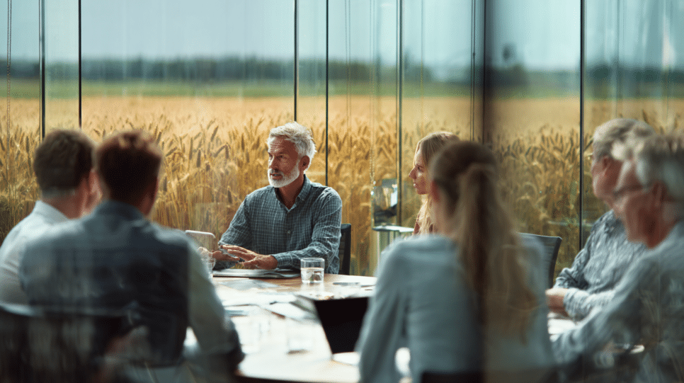 Imagem de uma reunião de executivos de agronegócio representando a utilização da TI e dados contra volatilidade