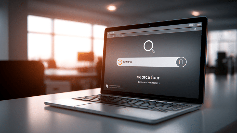 Notebook em ambiente corporativo com ícone abstrato de lupa e alerta, representando a busca web do Claude indisponível.