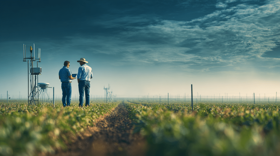 Imagem de dois homens em pé numa plantação representando a agricultura de precisão