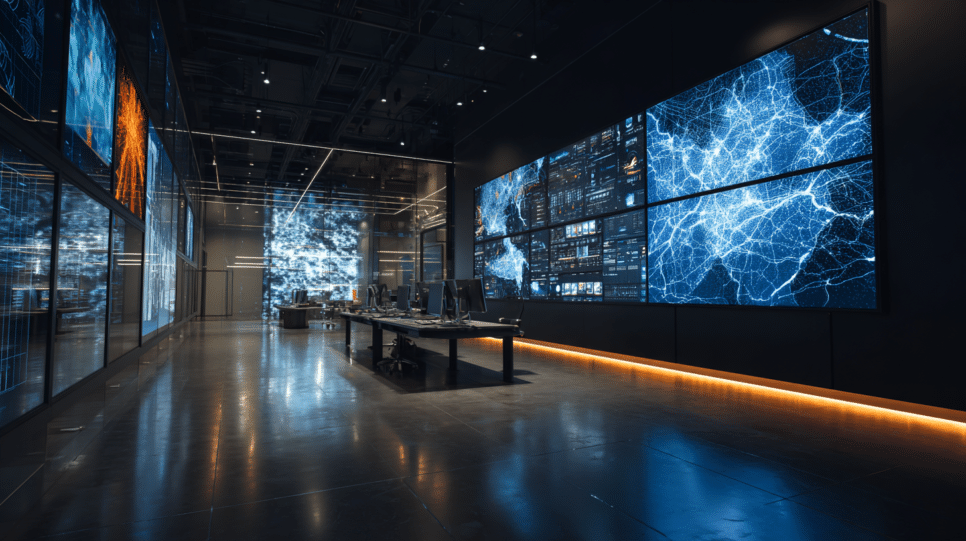 Claude AI é citado em caso de roubo de 150 GB do governo mexicano, em imagem realista de centro de operações de segurança com telas e servidores.