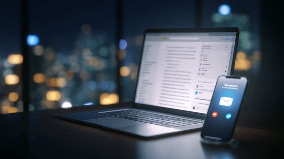 Phishing com IA engana especialistas e cresce 617%, em imagem realista de laptop com e-mails desfocados e celular em ambiente corporativo.