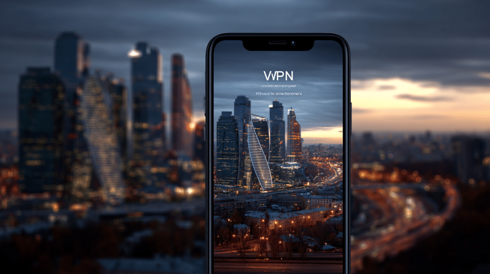 Google enfrenta multa russa por VPNs em imagem realista de smartphone com conexão VPN e laptop em ambiente corporativo.
