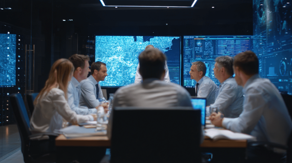 War room corporativo com executivos e time de TI monitorando sistemas em resposta a incidente, representando resiliência operacional e conformidade com o DORA.
