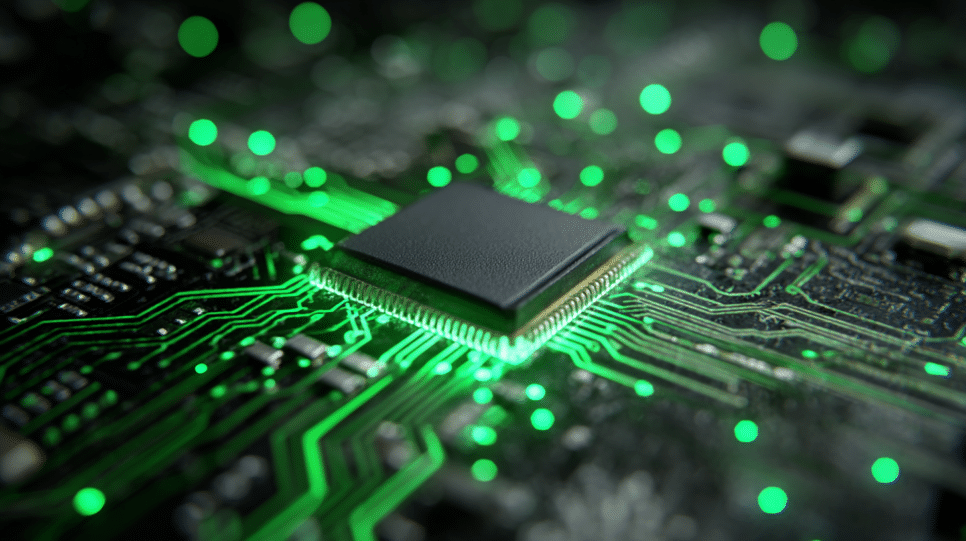 Chip avançado em close sobre placa de circuito, simbolizando a aceleração de IA que impulsionou a receita trimestral recorde da Nvidia.