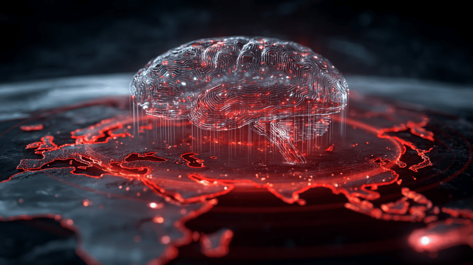 Conceito visual de cérebro digital sobre mapa-múndi holográfico, simbolizando a disputa geopolítica e as restrições envolvendo a DeepSeek.