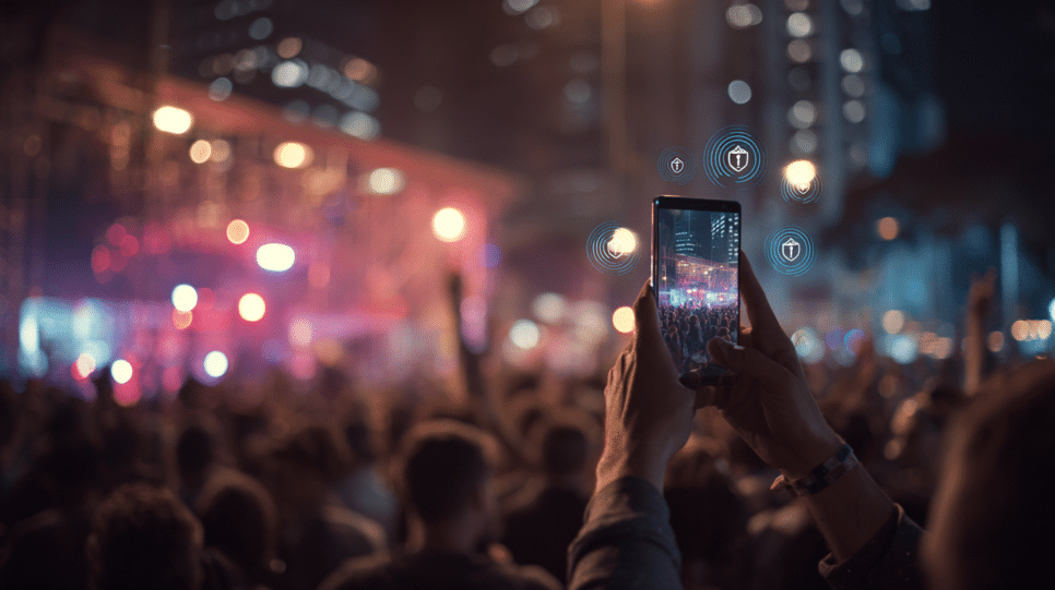 Fraudes no Carnaval 2026: pessoa protegendo o celular em rua movimentada durante festa, com foco em segurança digital e prevenção de golpes.