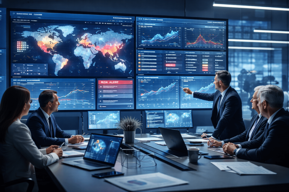 Executivos em sala de crise usando IA na gestão de crises com dashboards, mapas de risco e análise preditiva em tempo real.