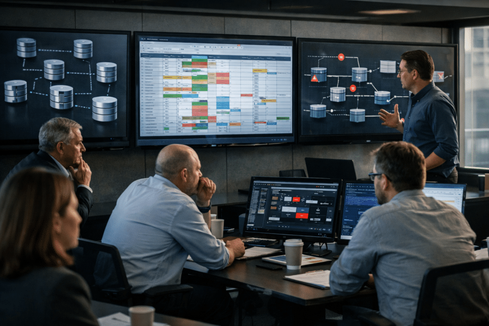 Equipe de TI e líderes de dados analisam bases fragmentadas, planilhas inconsistentes e integrações quebradas em monitores corporativos, em uma cena que representa o alerta do Gartner sobre empresas sem dados preparados para IA.