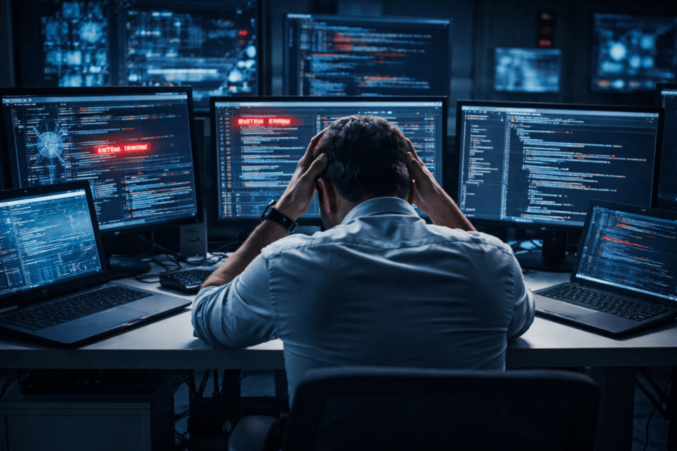 Desenvolver: Profissional de TI monitorando sistema crítico e código em múltiplas telas, representando os riscos do desenvolvimento interno de software sem governança