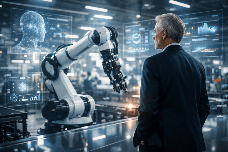 Robótica: Executivo observa braço robótico com painéis de inteligência artificial em fábrica inteligente moderna.