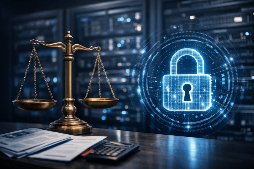 Imagem conceitual sobre sanções da LGPD no Brasil com balança da justiça, cadeado digital e servidores, representando compliance, multas e proteção de dados.