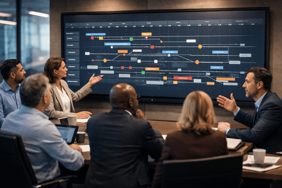 Roadmap de arquitetura sendo analisado por líderes de TI e negócio em reunião estratégica de transformação ágil e modernização de sistemas.